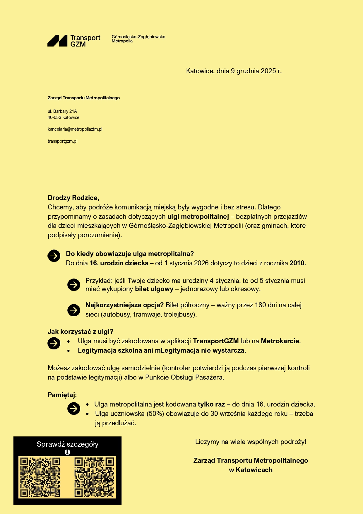 Ulga metropolitarna - pismo do rodziców